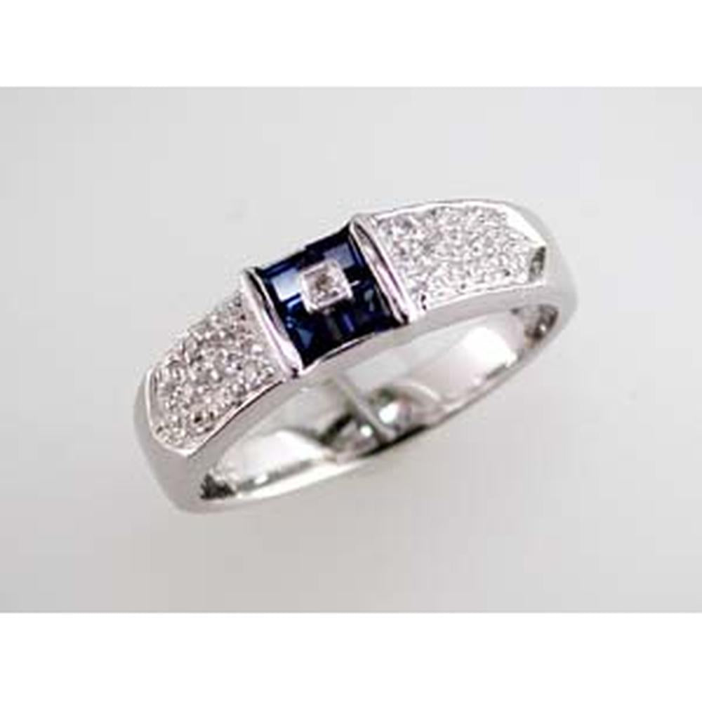 14K White Gold Halo Ring with Princess Cut Sapphire Center and Round Diamond Accents - 0.24 Carat Sapphire, 0.16 Carat Diamond Total Weight - Royal Jewelry