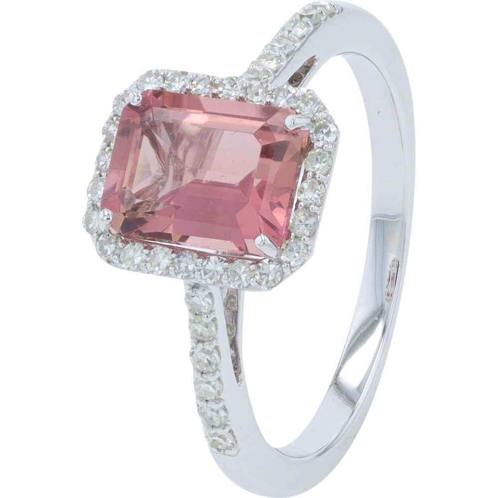 14K White Gold Halo Ring with Rectangular Pink Tourmaline and Round Diamonds - 1.65 Carat Main Gemstone with 0.30 Carat Total Diamond Weight