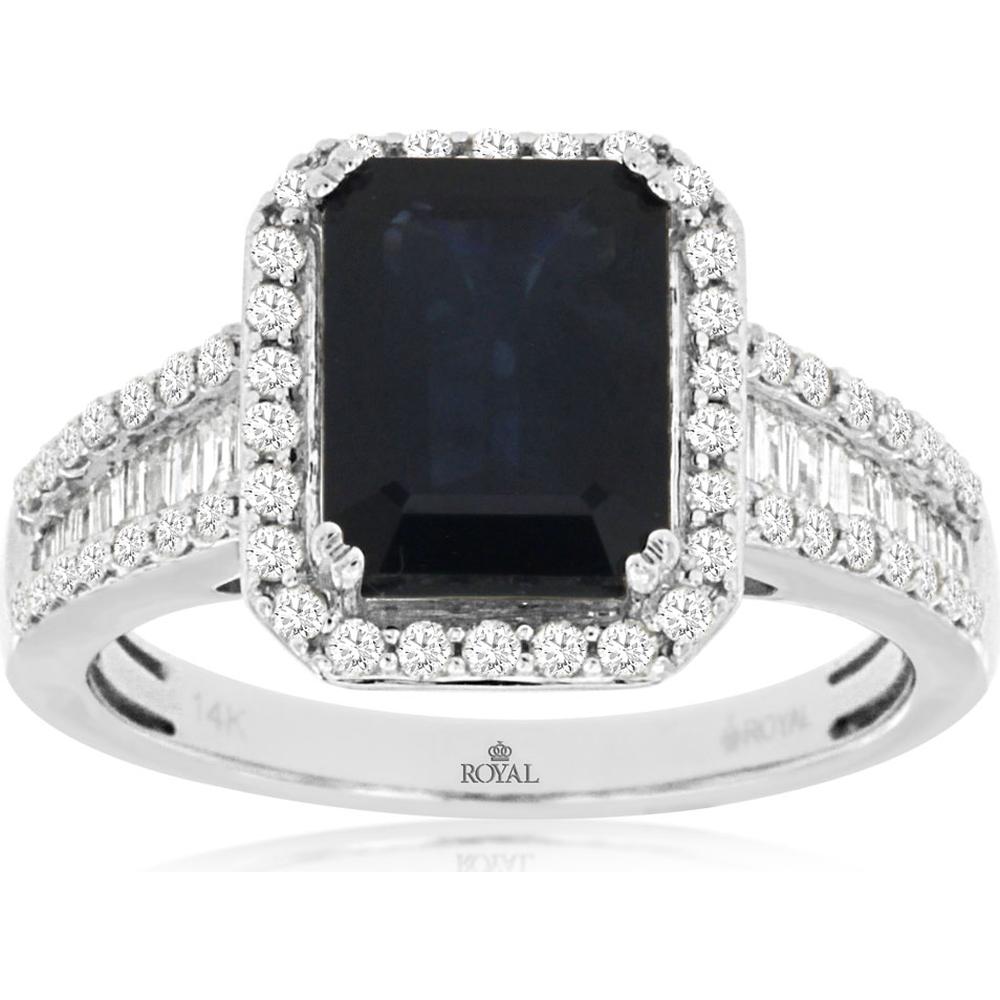 14K White Gold Halo Ring with Rectangular Sapphire and Split Shank Round and Baguette Diamonds - 2.75 Carat Sapphire and 1.00 Carat Total Diamond Weight - Royal Jewelry