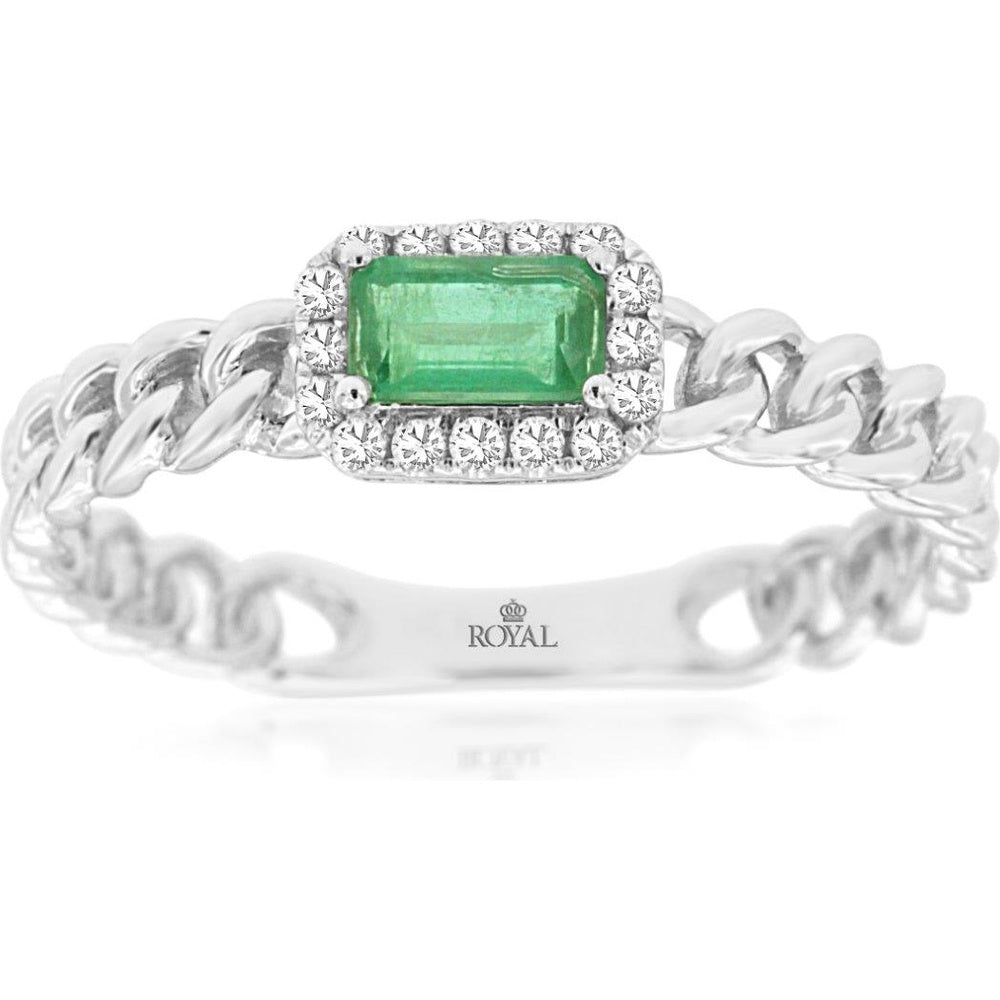 14K White Gold Halo Ring with Rectangular Step-Cut Emerald and Round Diamond Accents - 0.28 Carat Emerald and 0.07 Carat Total Diamond Weight - Royal Jewelry