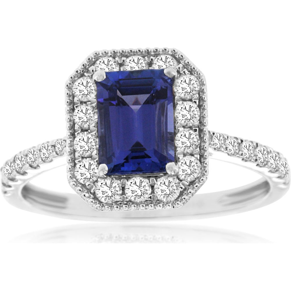 14K White Gold Halo Ring with Rectangular Tanzanite and Round Diamond Accents - 1.15 Carat Tanzanite and 0.50 Carat Total Diamond Weight - Royal Jewelry