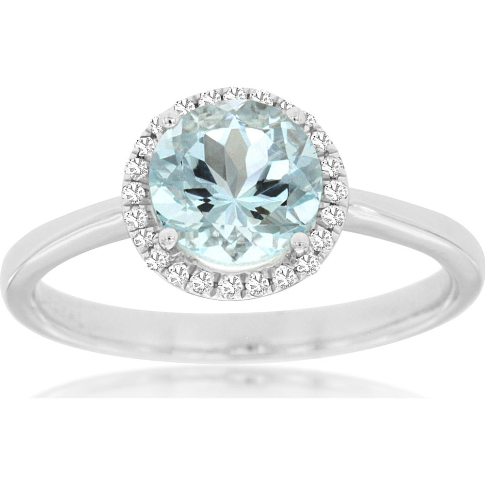 14K White Gold Halo Ring with Round Aquamarine and Pave Set Diamonds - 1.15 Carat Aquamarine and 0.10 Carat Total Diamond Weight - Royal Jewelry