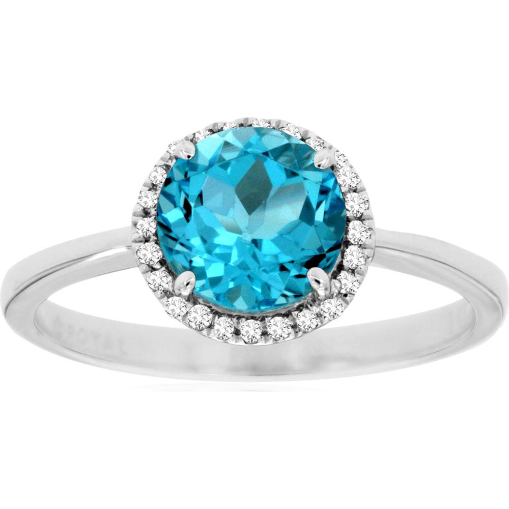 14K White Gold Halo Ring with Round Blue Topaz and Diamond Accents - 1.55 Carat Blue Topaz & 0.10 Carat Diamond Weight - Royal Jewelry