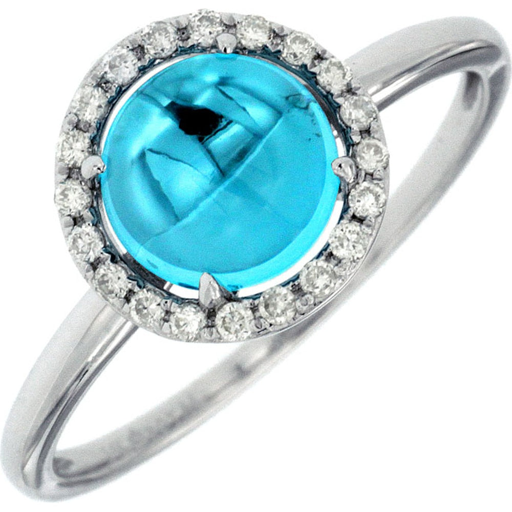 14K White Gold Halo Ring with Round Cabochon Blue Topaz and Bead-Set Round Diamonds - 1.70 Carat Blue Topaz and 0.14 Carat Total Diamond Weight - Royal Jewelry