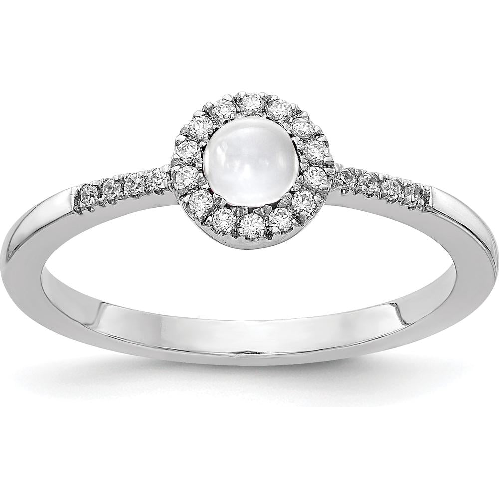 14K White Gold Halo Ring with Round Cabochon White Topaz 0.23 Carat and Diamond Accents 0.07 Carat Total by 0