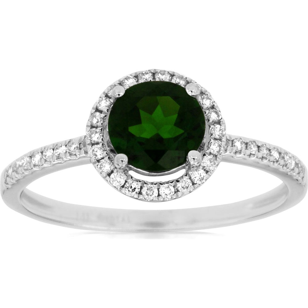 14K White Gold Halo Ring with Round Cut Russalite and Pavé-Set Diamonds - 1.00 Carat Russalite and 0.16 Carat Total Diamond Weight - Royal Jewelry