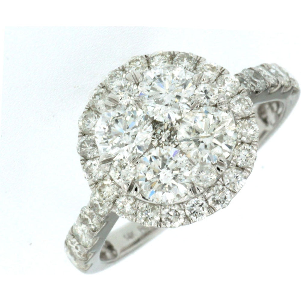 14K White Gold Halo Ring with Round Diamond Cluster and Diamond-Encrusted Band - 2.00 Carat Total Diamond Weight - Royal Jewelry