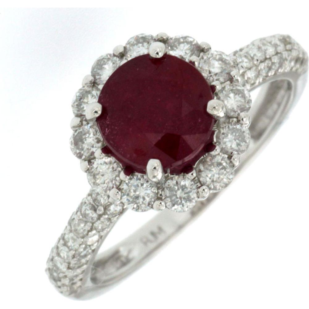 14K White Gold Halo Ring with Round Glass Filled Ruby (1.80 ct) and Pavé Set Diamond Band (0.80 ct Total Diamond Weight) - Royal Jewelry
