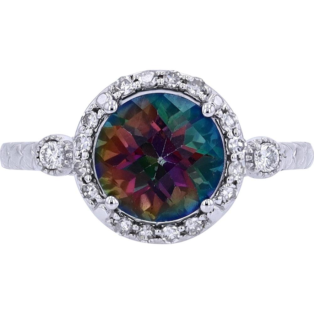 14K White Gold Halo Ring with Round Mystic Topaz and 0.17 Carats Diamond Accents