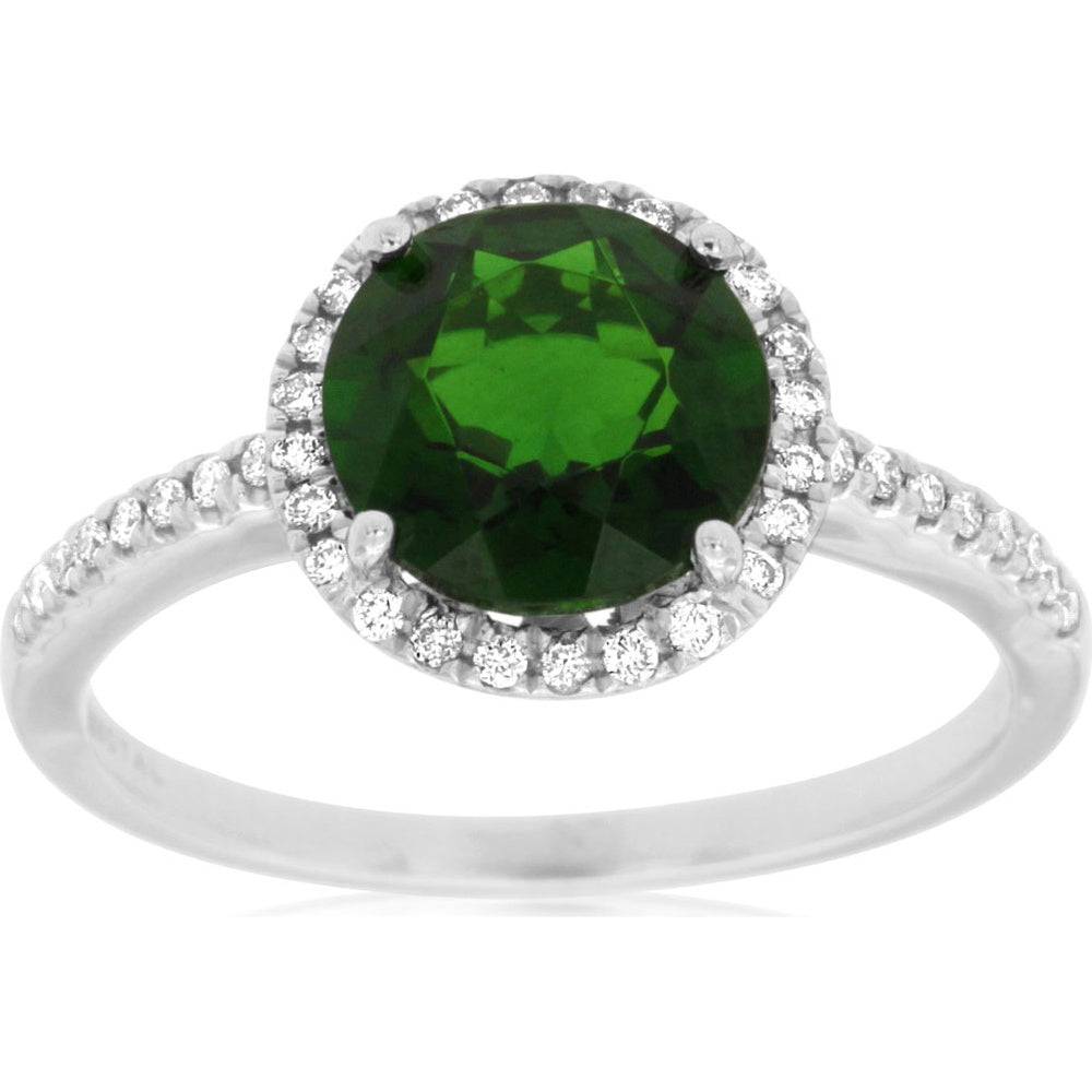 14K White Gold Halo Ring with Round Russalite and Pave Set Diamonds - 2.00 Carat Russalite and 0.16 Carat Total Diamond Weight - Royal Jewelry