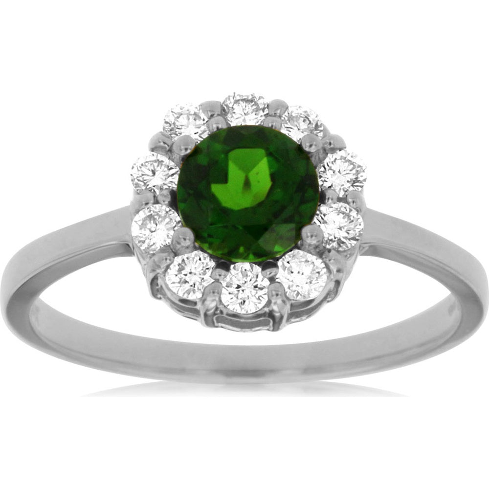 14K White Gold Halo Ring with Round Russalite and Round Diamonds - 0.75 Carat Russalite and 0.30 Carat Total Diamond Weight - Royal Jewelry