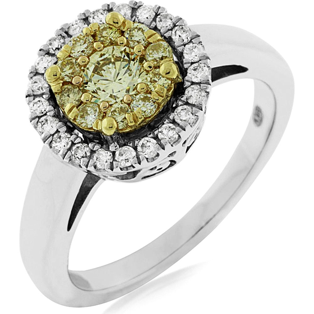 14K White Gold Halo Ring with Round Yellow Diamond and White Diamond Accents - 0.45 Carat Yellow Diamond and 0.20 Carat White Diamond Total Weight - Royal Jewelry