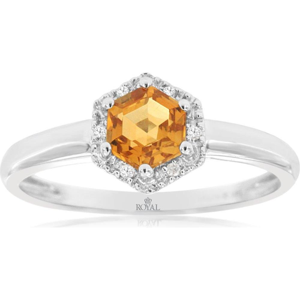 14K White Gold Halo Ring with Special Shape Citrine and Round Diamond Accents - 0.55 Carat Citrine, 0.03 Carat Total Diamond Weight - Royal Jewelry