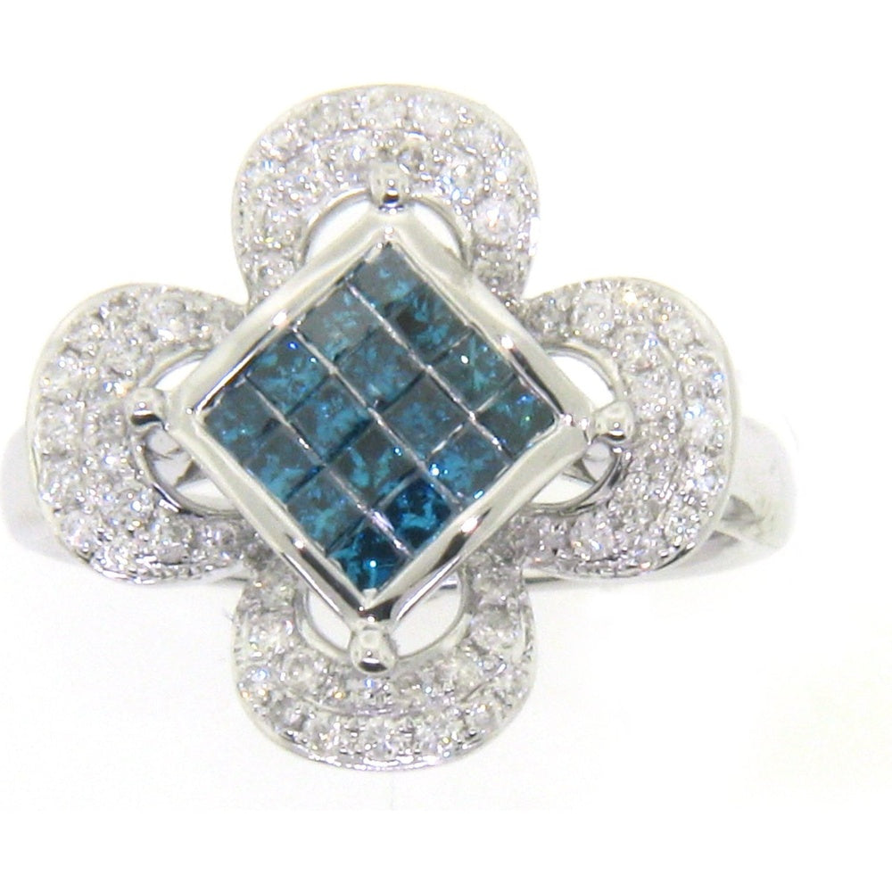 14K White Gold Halo Ring with Square Blue Diamond Center and Round White Diamond Halo - 1.35 Carat Total Diamond Weight by Auriventus