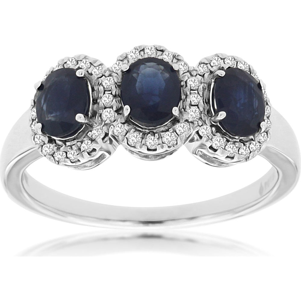 14K White Gold Halo Ring with Three Oval Sapphires and Round Diamonds - 1.30 Carat Total Sapphire Weight and 0.16 Carat Total Diamond Weight - Royal Jewelry