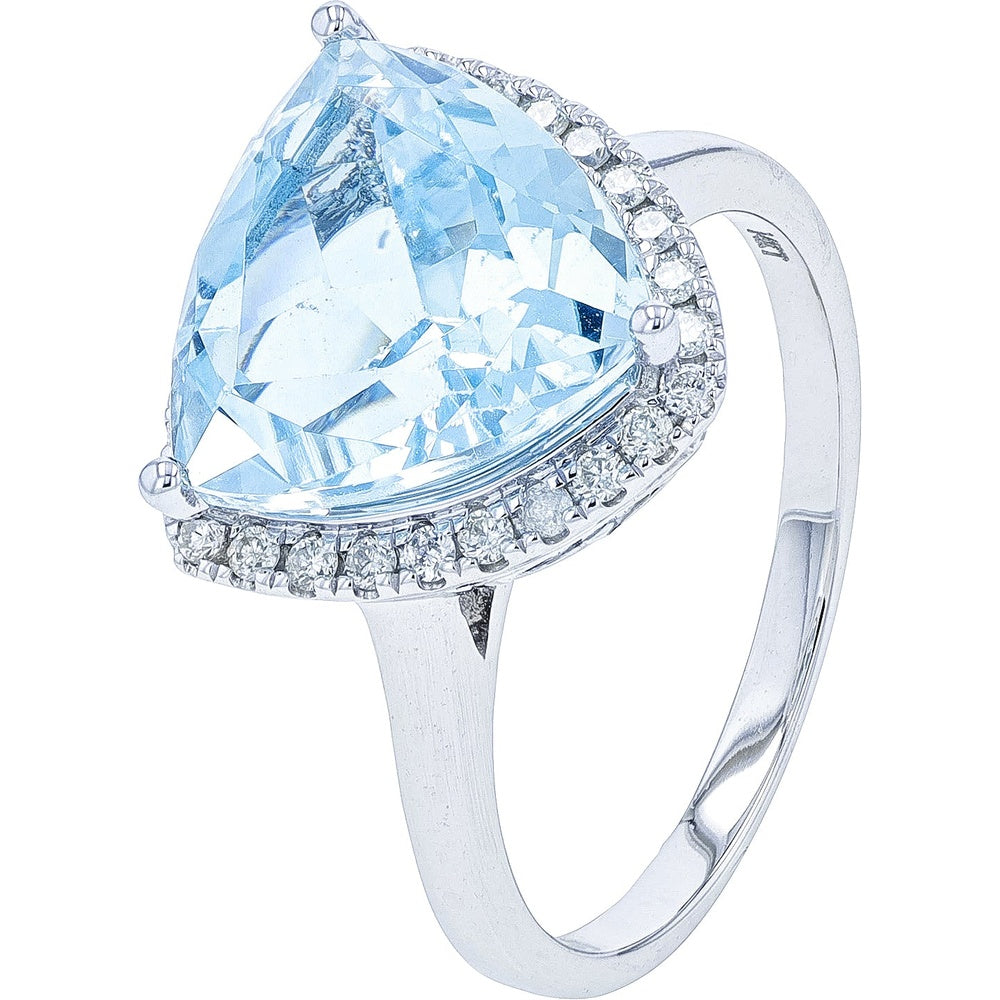 14K White Gold Halo Ring with Trillion-Cut Blue Topaz and Round Diamonds - 5.50 Carat Total Topaz Weight and 0.25 Carat Total Diamond Weight