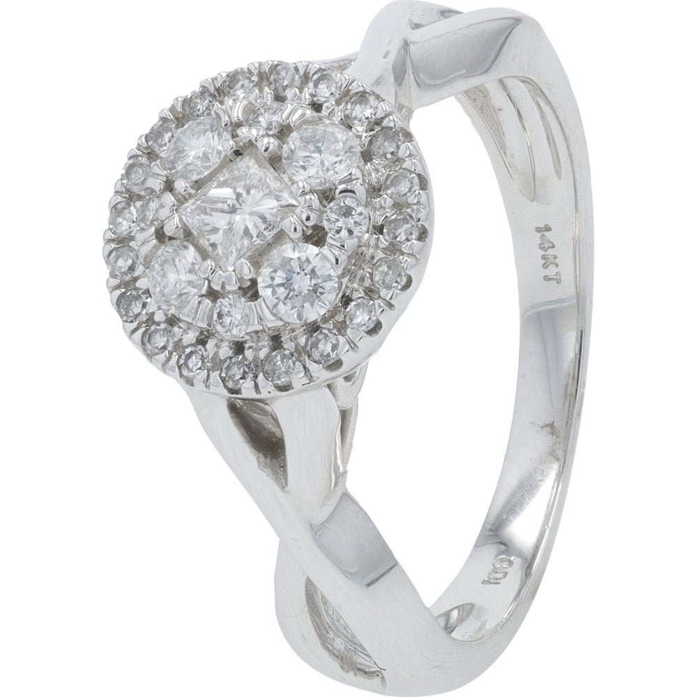 14K White Gold Halo Ring with Twisted Band and 0.50 Carat Total Diamond Weight