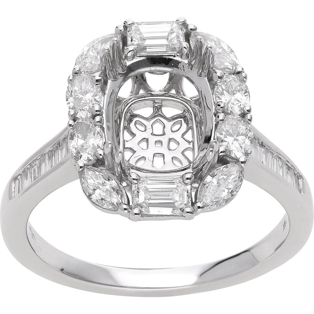 14K White Gold Halo Semi-Mount Ring with Round and Emerald Cut Diamonds - 1.12 Carat Total Diamond Weight (Center Stone Not Included) by Auriventus