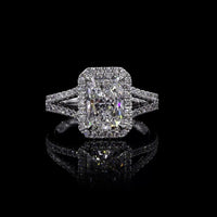 14K White Gold Halo Split Shank Ring with 7.04 Carat Radiant Cut Lab Diamond and 1.02 Carat Diamond Accents - 8.06 Carat Total Weight - Covaloro Fine Jewelry