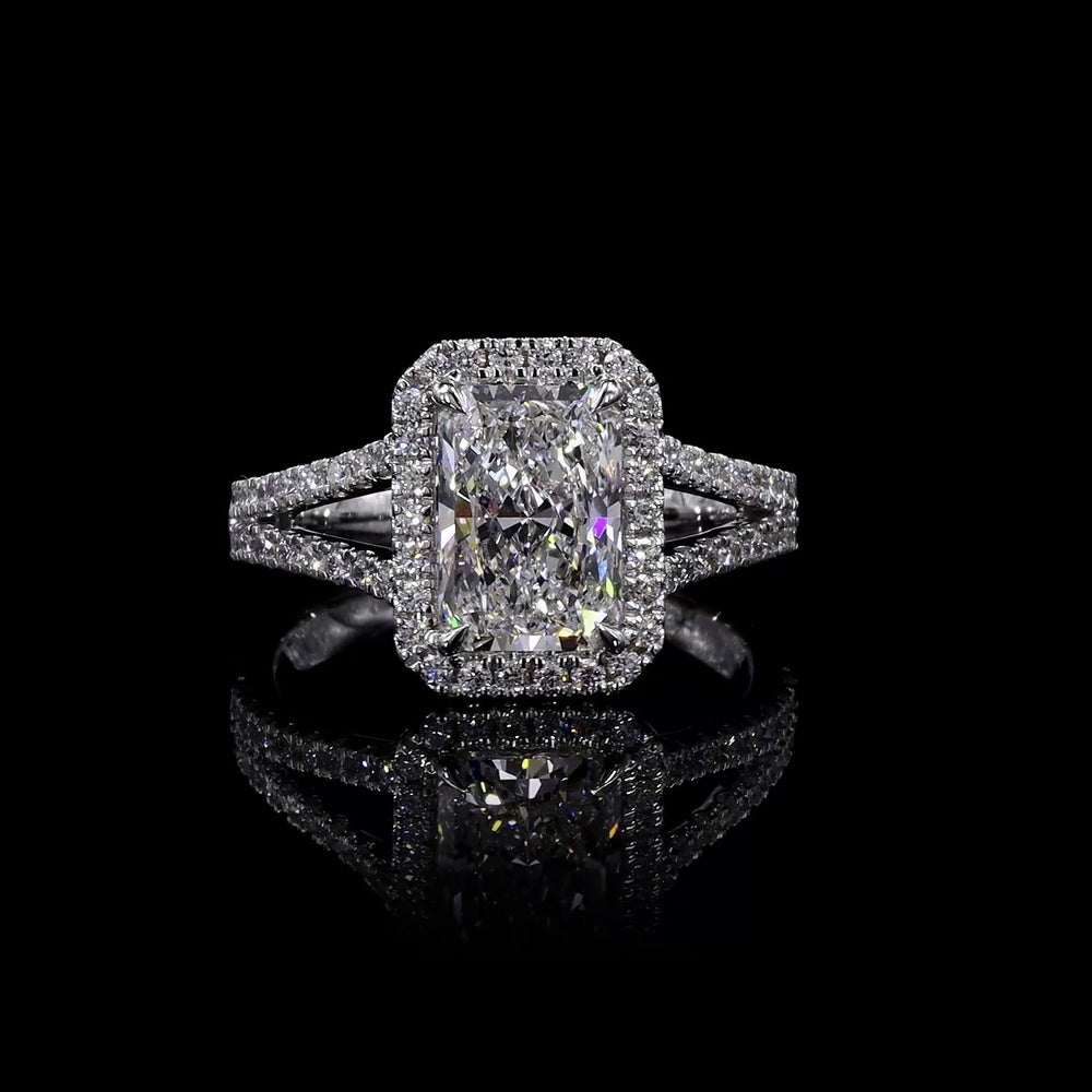 14K White Gold Halo Split Shank Ring with 7.04 Carat Radiant Cut Lab Diamond and 1.02 Carat Diamond Accents - 8.06 Carat Total Weight - Covaloro Fine Jewelry