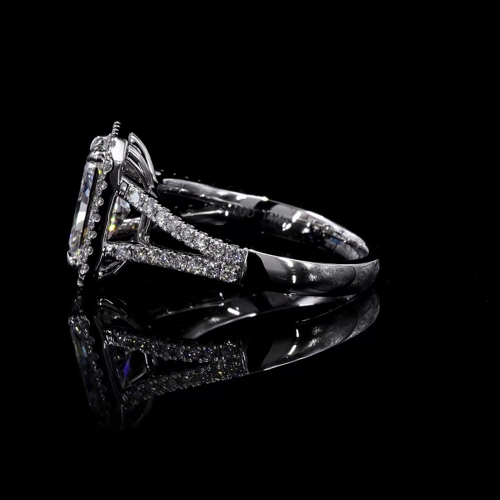 14K White Gold Halo Split Shank Ring with 7.04 Carat Radiant Cut Lab Diamond and 1.02 Carat Diamond Accents - 8.06 Carat Total Weight - Covaloro Fine Jewelry