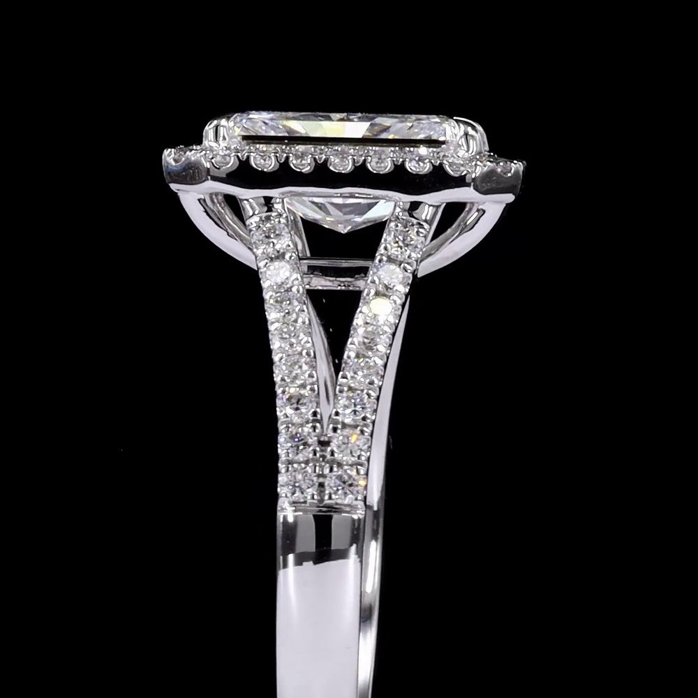 14K White Gold Halo Split Shank Ring with 7.04 Carat Radiant Cut Lab Diamond and 1.02 Carat Diamond Accents - 8.06 Carat Total Weight - Covaloro Fine Jewelry