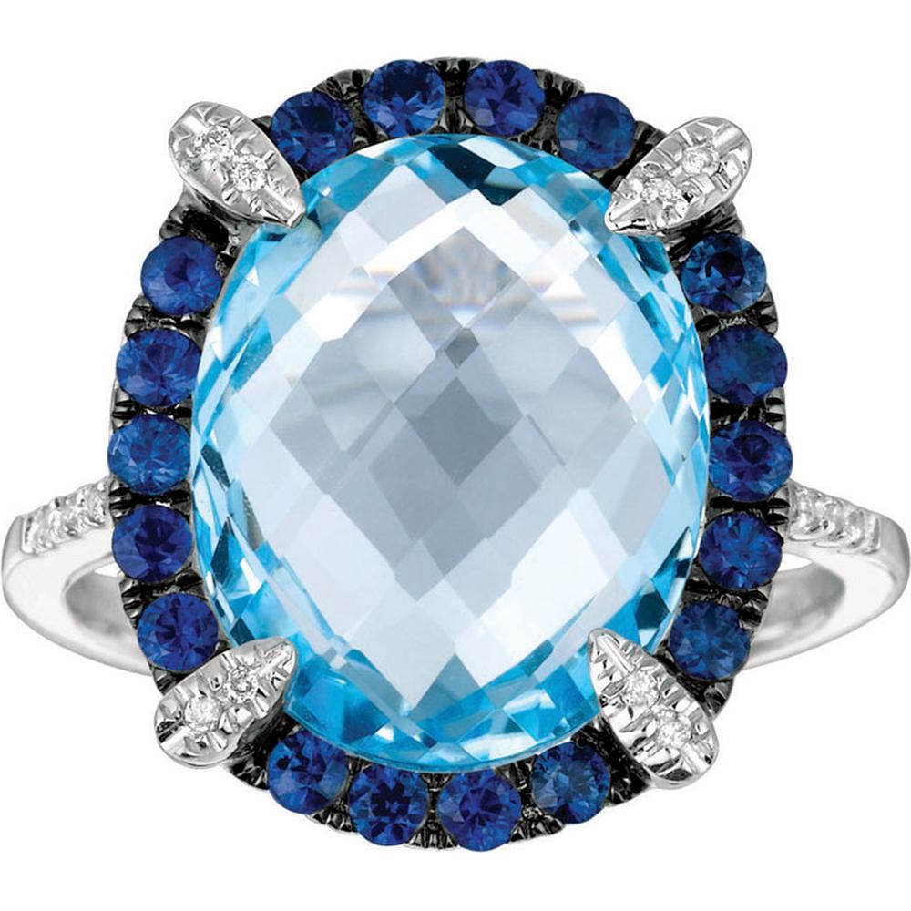 14K White Gold Halo Statement Ring with 10.50 Carat Oval Checkerboard Blue Topaz, Sapphire Border, and 0.06 Carat Diamond Accents - Royal Jewelry