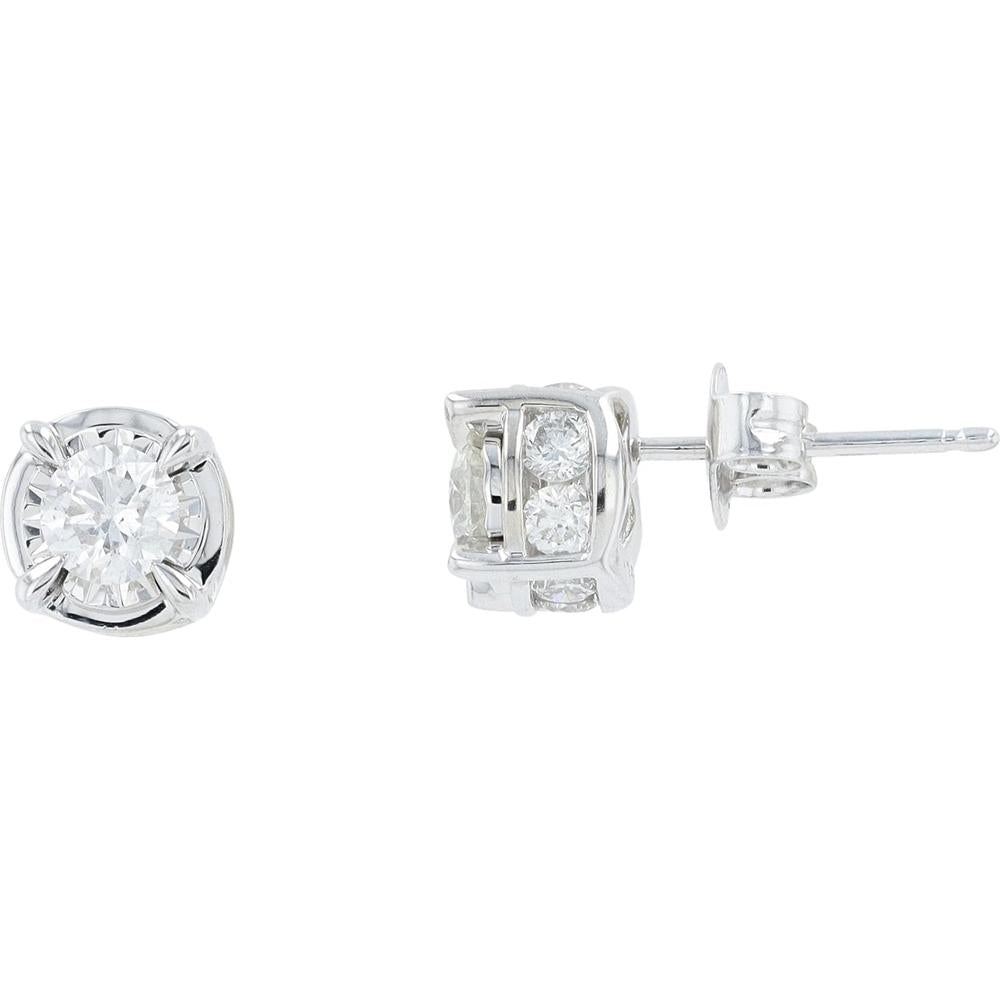 14K White Gold Halo Stud Earrings with 0.30 Carat Center Diamonds and 1.25 Carats Total Diamond Weight