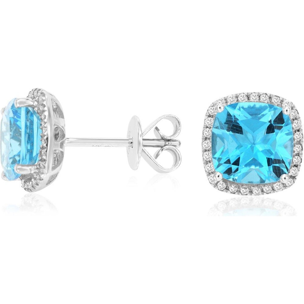 14K White Gold Halo Stud Earrings with Cushion-Cut Blue Topaz and Round Diamonds - 5.10 Carat Total Blue Topaz Weight and 0.21 Carat Total Diamond Weight - Royal Jewelry
