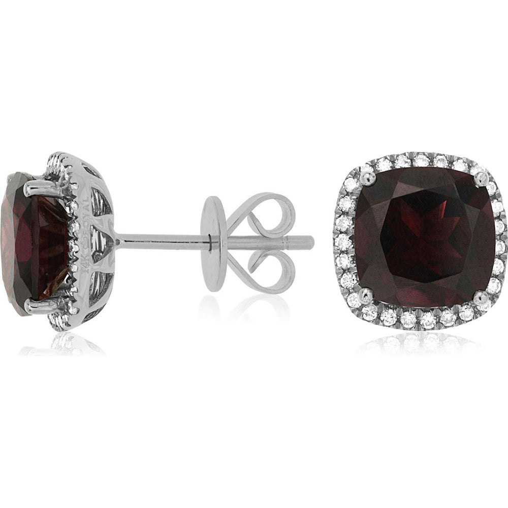 14K White Gold Halo Stud Earrings with Cushion-Cut Garnets and Round Diamonds - 5.50 Carat Total Garnet Weight and 0.21 Carat Total Diamond Weight - Royal Jewelry