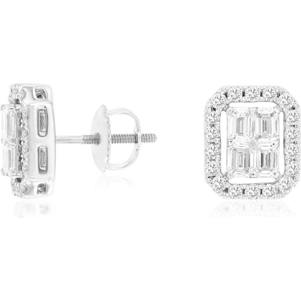 14K White Gold Halo Stud Earrings with Illusion-Set Baguette and Round Diamonds - 1.25 Carat Total Diamond Weight - Royal Jewelry