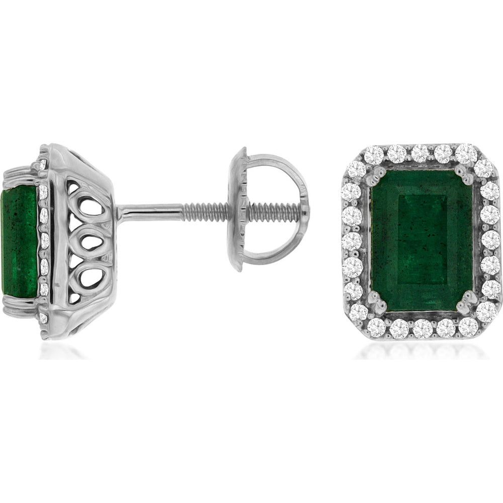 14K White Gold Halo Stud Earrings with Octagonal Cut Emeralds and Round Diamonds - 2.08 Carat Total Emerald Weight and 0.20 Carat Total Diamond Weight - Royal Jewelry