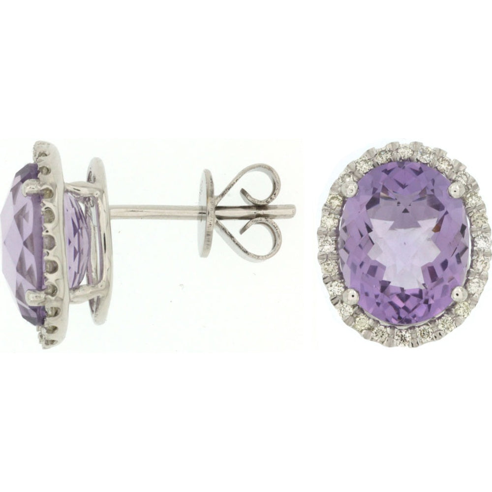 14K White Gold Halo Stud Earrings with Oval Amethysts and Round Diamonds - 4.40 Carat Total Amethyst Weight and 0.35 Carat Total Diamond Weight - Royal Jewelry