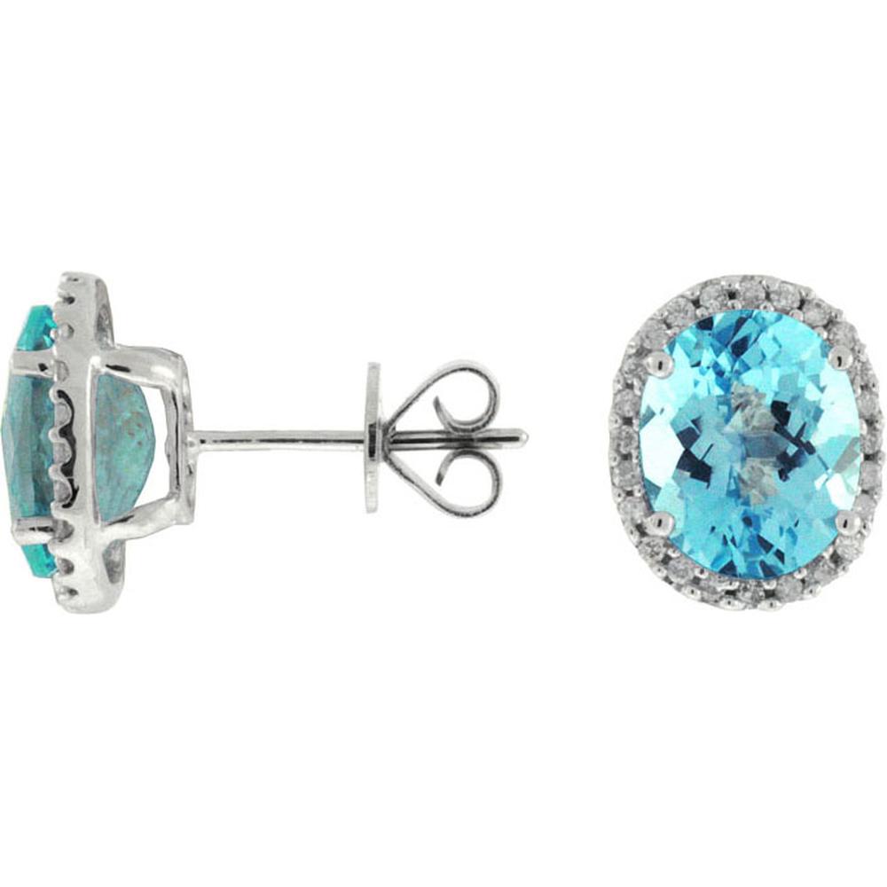14K White Gold Halo Stud Earrings with Oval Blue Topaz and Round Diamonds - 6.30 Carat Total Blue Topaz Weight, 0.35 Carat Total Diamond Weight - Royal Jewelry