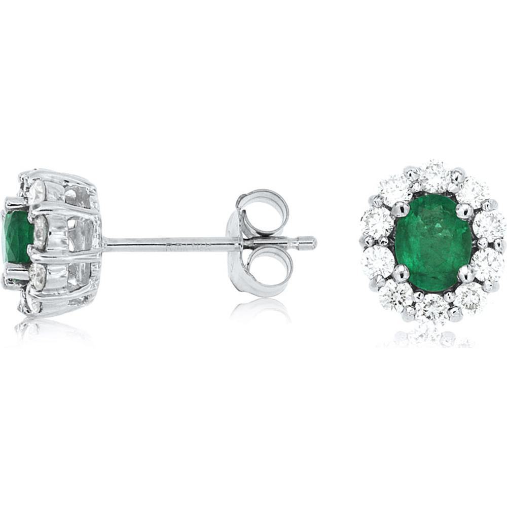 14K White Gold Halo Stud Earrings with Oval Cut Emeralds and Round Diamonds - 0.70 Carat Emerald Total Weight, 0.45 Carat Diamond Total Weight - Royal Jewelry