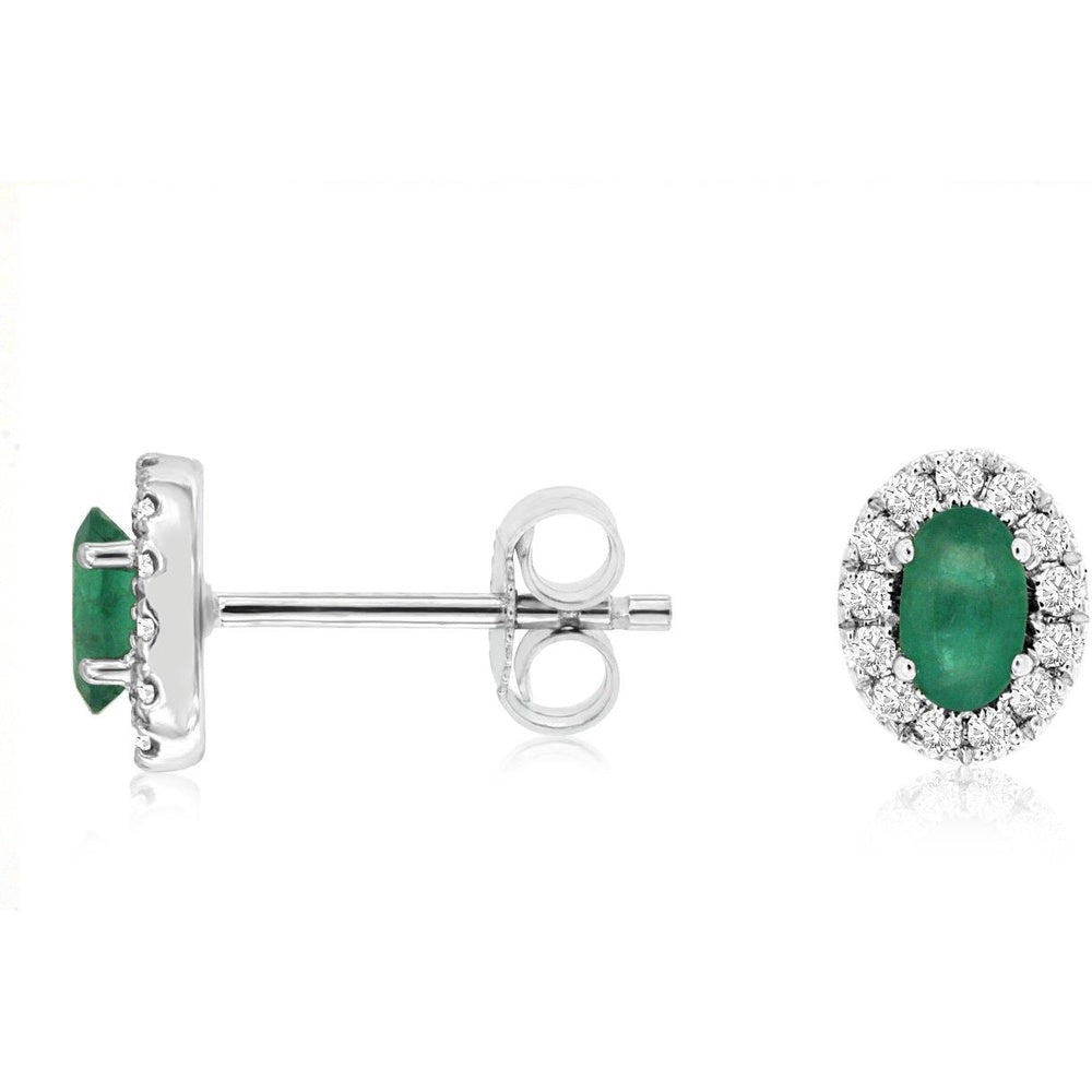 14K White Gold Halo Stud Earrings with Oval Emeralds and Round Diamonds - 0.44 Carat Total Emerald Weight and 0.18 Carat Total Diamond Weight - Royal Jewelry