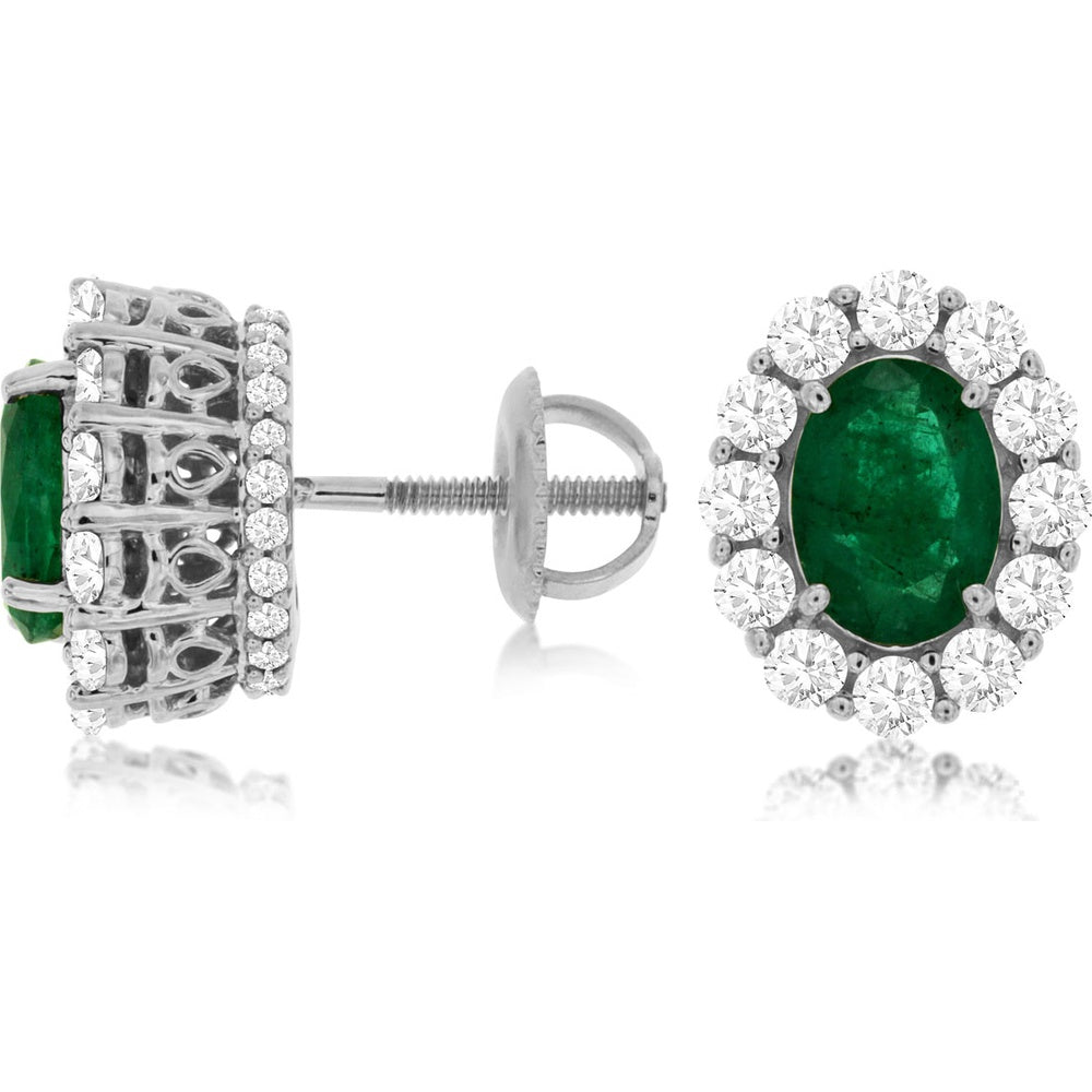14K White Gold Halo Stud Earrings with Oval Emeralds and Round Diamonds - 1.40 Carat Total Emerald Weight and 1.00 Carat Total Diamond Weight - Royal Jewelry