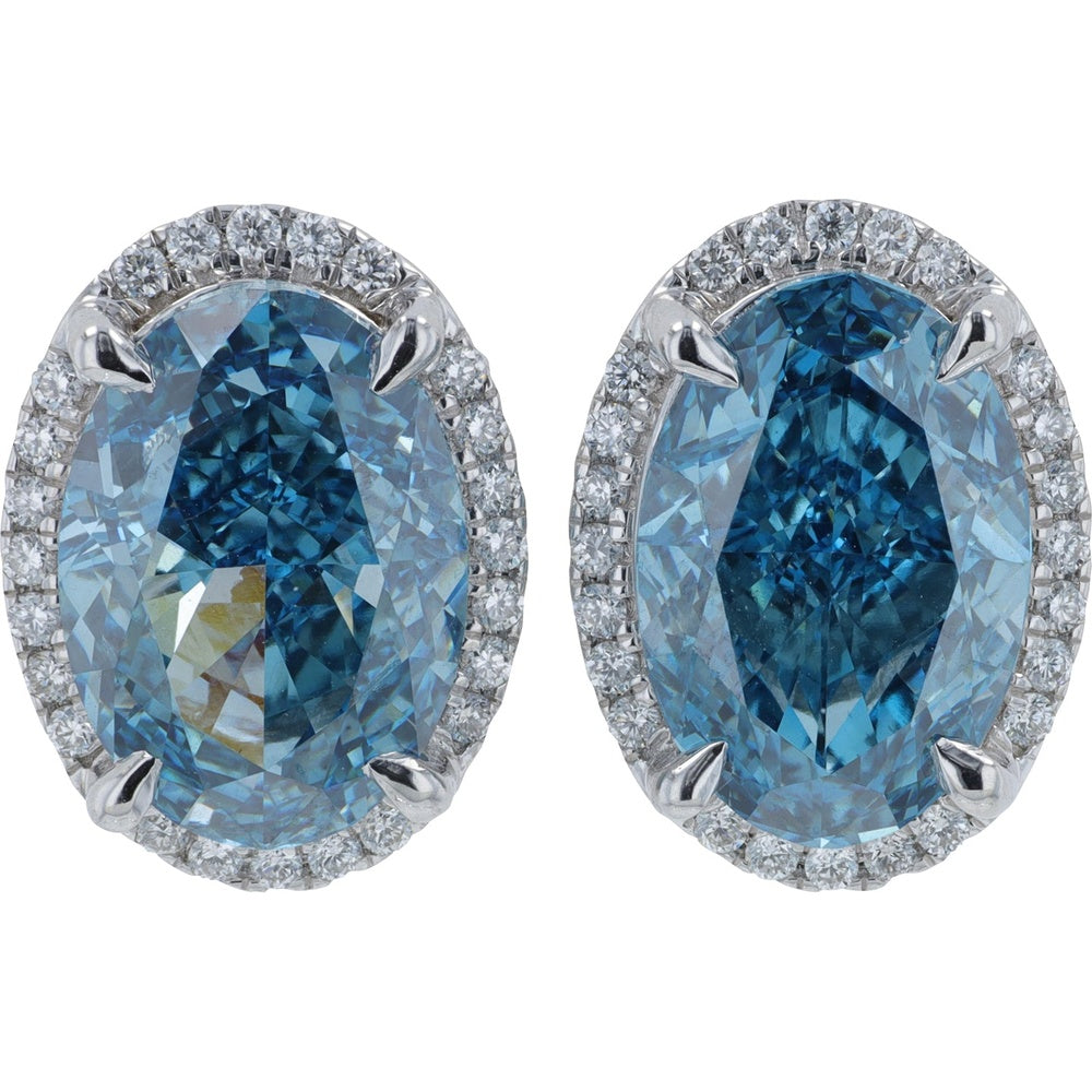 14K White Gold Halo Stud Earrings with Oval Lab Grown Blue Diamonds - 10.75 Carat Total Diamond Weight