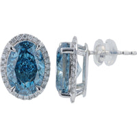 14K White Gold Halo Stud Earrings with Oval Lab Grown Blue Diamonds - 10.75 Carat Total Diamond Weight
