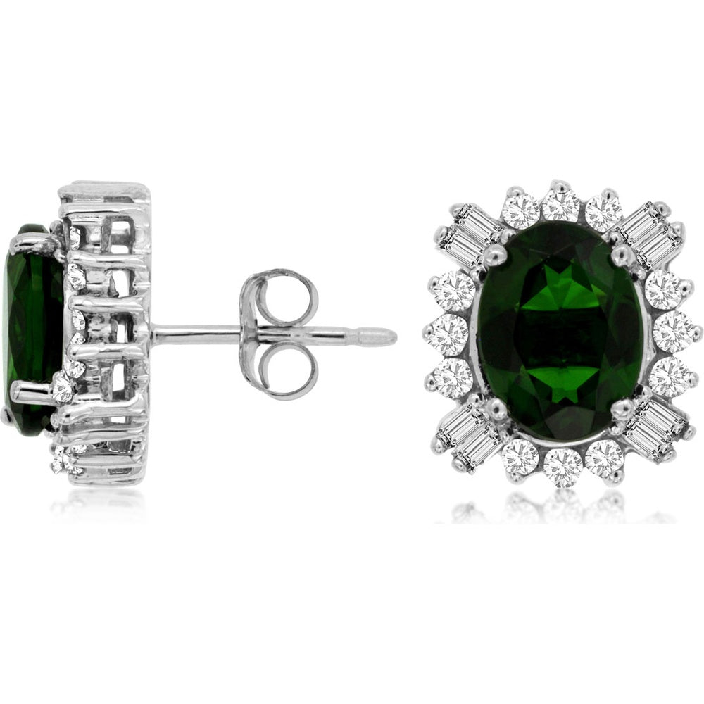 14K White Gold Halo Stud Earrings with Oval Russalite and Alternating Round and Baguette Diamonds - 2.60 Carat Total Russalite Weight and 0.50 Carat Total Diamond Weight - Royal Jewelry