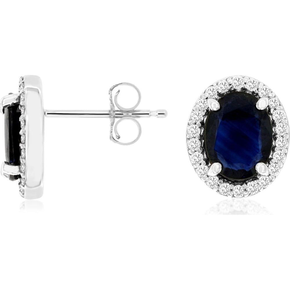14K White Gold Halo Stud Earrings with Oval Sapphires and Round Diamonds - 2.90 Carat Total Sapphire Weight and 0.28 Carat Total Diamond Weight - Royal Jewelry