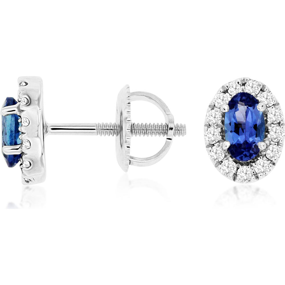14K White Gold Halo Stud Earrings with Oval Tanzanite and Round Diamonds - 0.44 Carat Total Tanzanite Weight and 0.18 Carat Total Diamond Weight - Royal Jewelry
