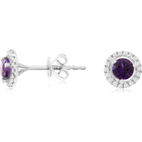 14K White Gold Halo Stud Earrings with Round Amethyst and Round Diamonds - 0.85 Carat Total Amethyst Weight and 0.14 Carat Total Diamond Weight - Royal Jewelry