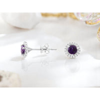 14K White Gold Halo Stud Earrings with Round Amethyst and Round Diamonds - 0.85 Carat Total Amethyst Weight and 0.14 Carat Total Diamond Weight - Royal Jewelry
