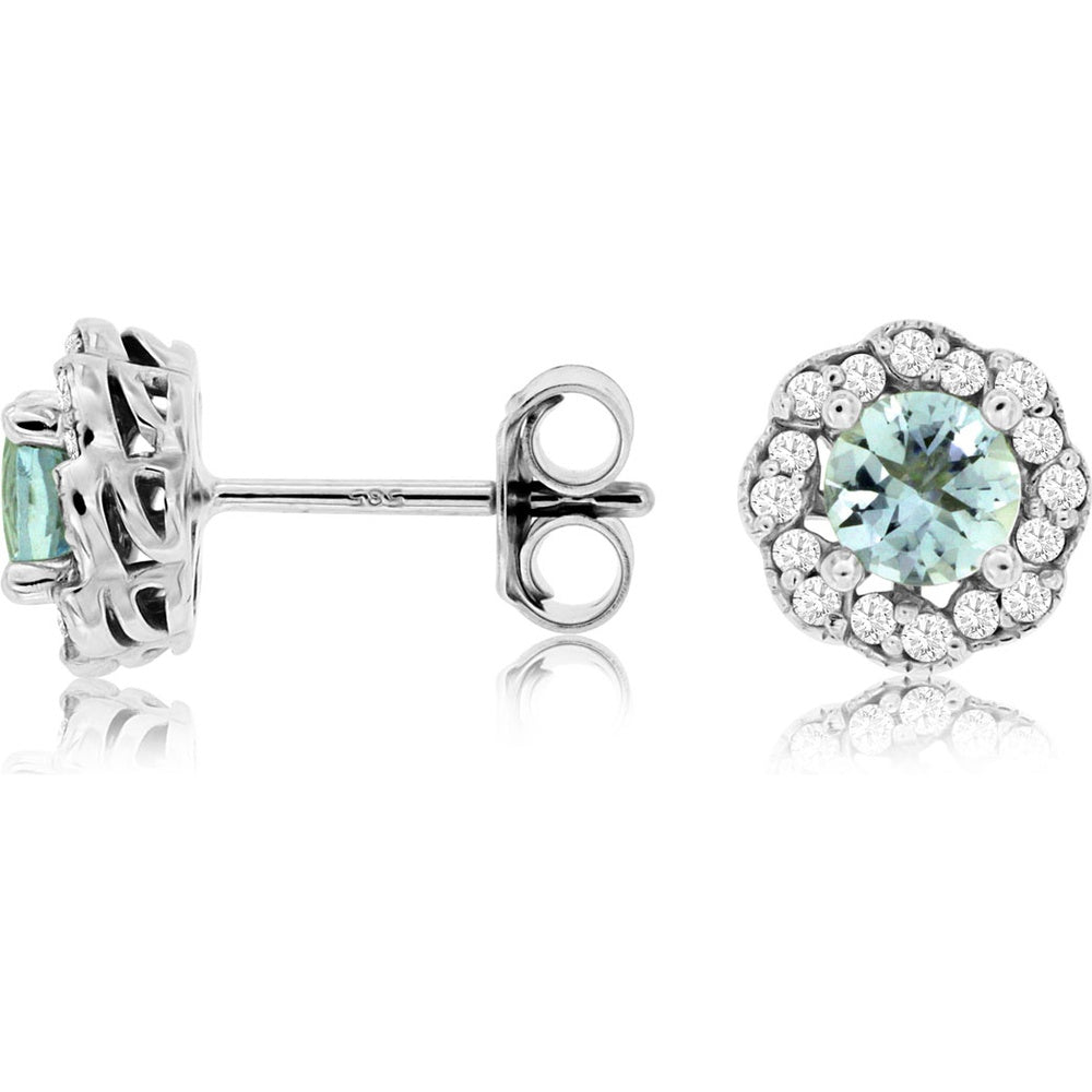 14K White Gold Halo Stud Earrings with Round Aquamarine and Brilliant-Cut Diamonds - 0.65 Carat Total Aquamarine Weight and 0.20 Carat Total Diamond Weight - Royal Jewelry