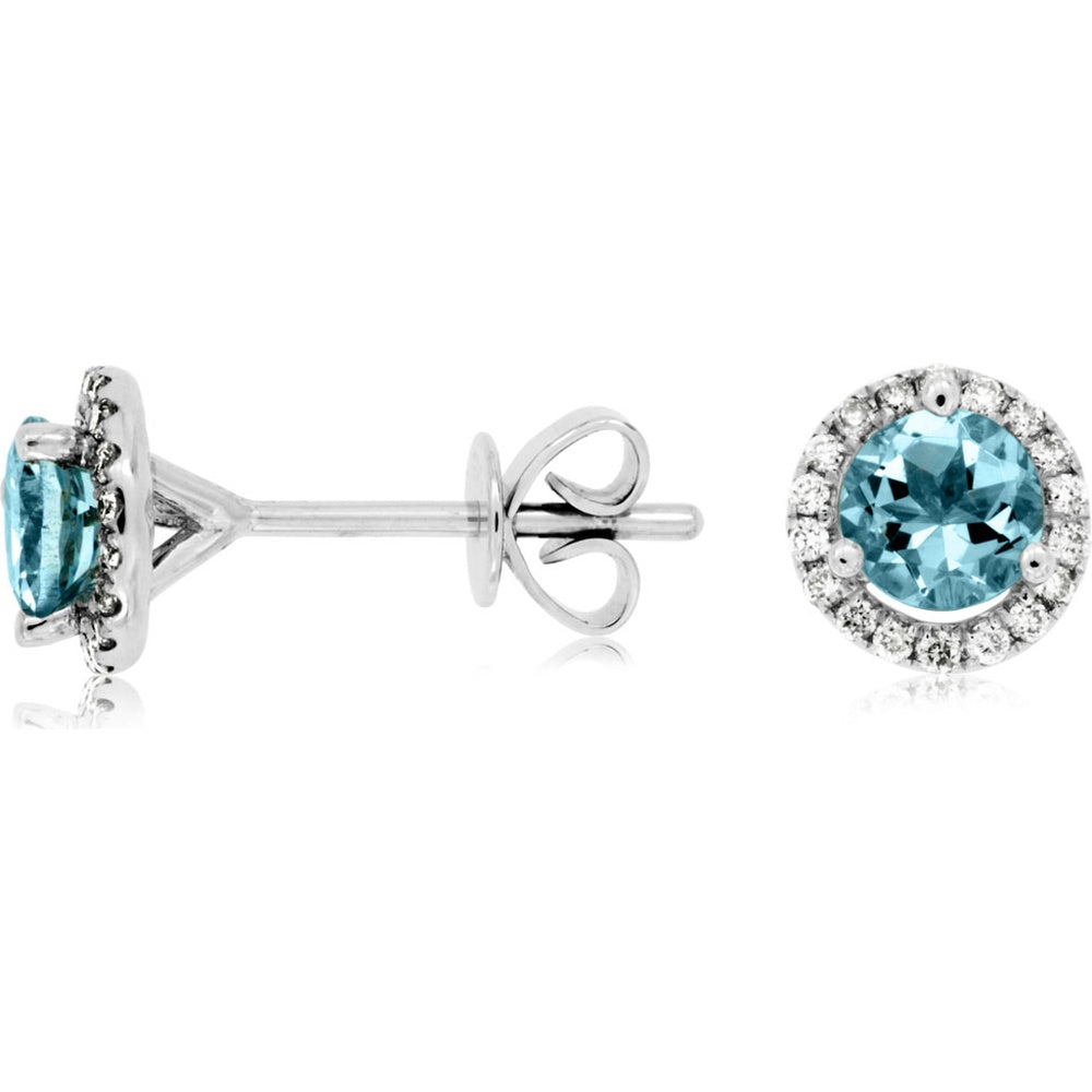 14K White Gold Halo Stud Earrings with Round Aquamarine and Diamond Accents - 0.65 Carat Total Aquamarine Weight and 0.14 Carat Total Diamond Weight - Royal Jewelry