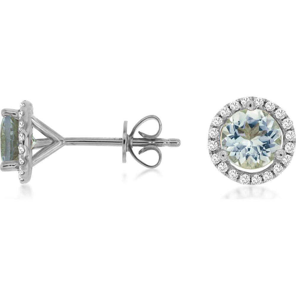 14K White Gold Halo Stud Earrings with Round Aquamarine and Diamond Accents - 1.10 Carat Total Aquamarine Weight, 0.16 Carat Total Diamond Weight - Royal Jewelry
