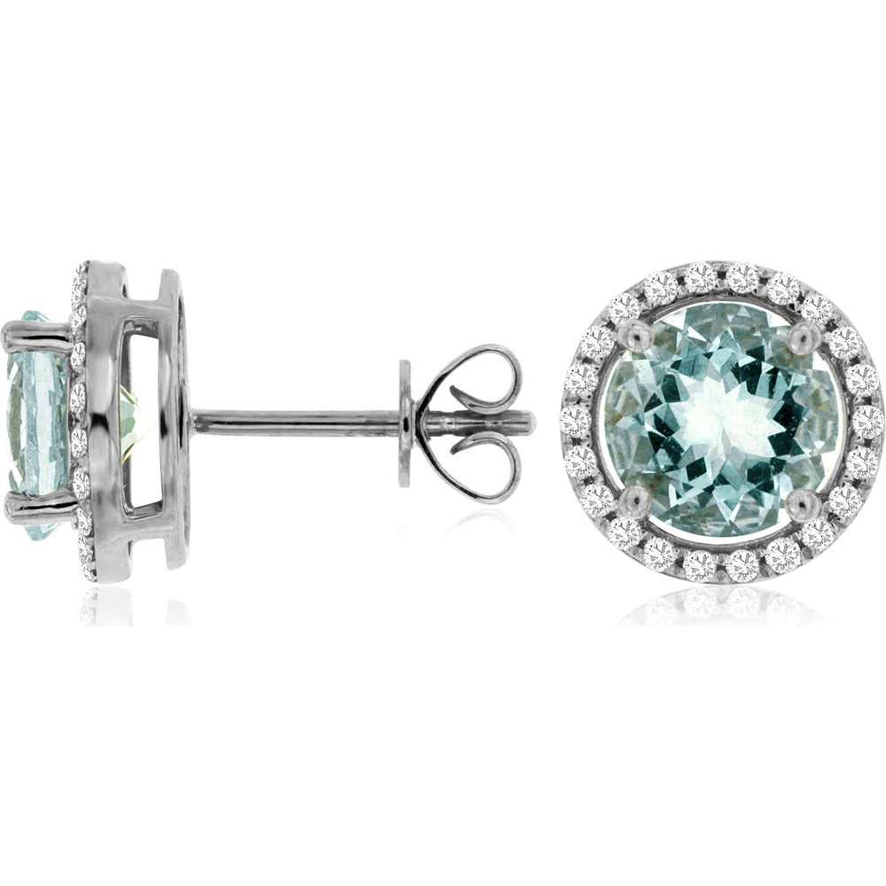 14K White Gold Halo Stud Earrings with Round Aquamarine and Round Diamonds - 2.30 Carat Total Aquamarine Weight and 0.23 Carat Total Diamond Weight - Royal Jewelry
