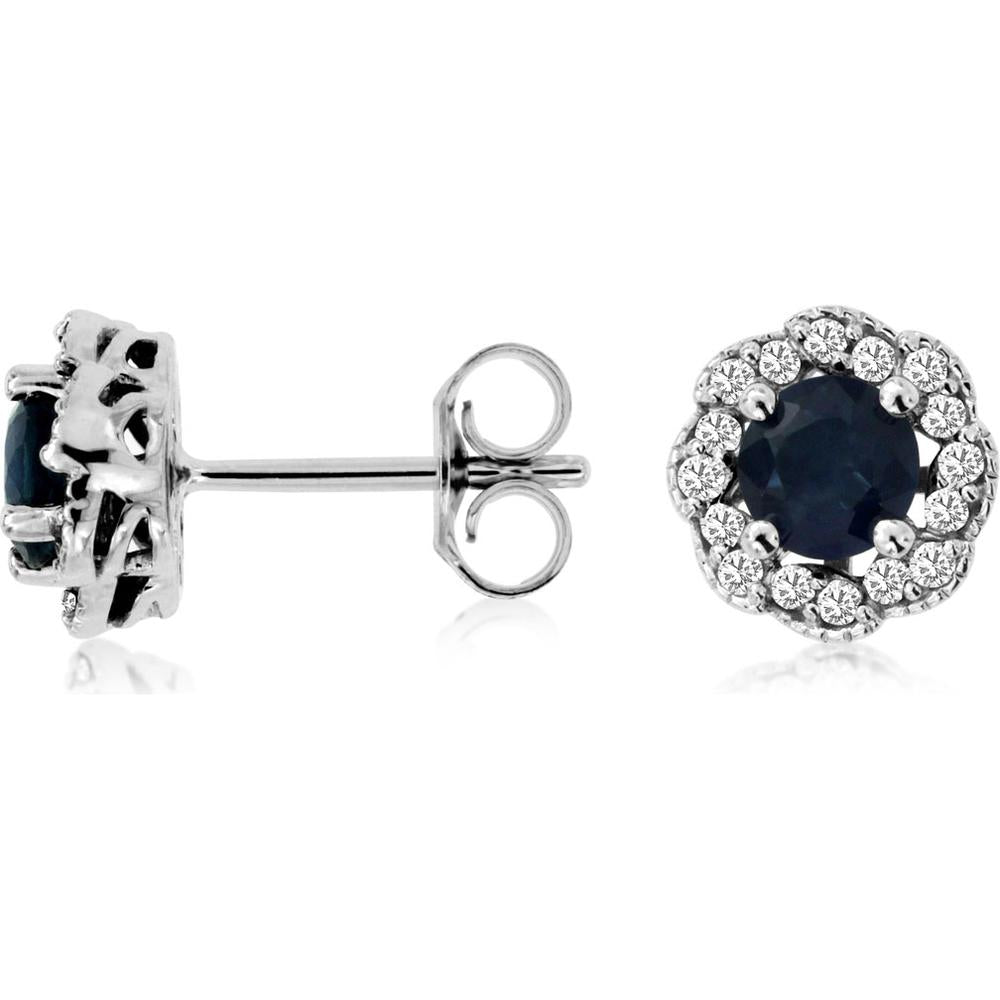 14K White Gold Halo Stud Earrings with Round Blue Sapphires and Round Diamonds - 0.90 Total Sapphire Weight, 0.20 Total Diamond Weight - Royal Jewelry