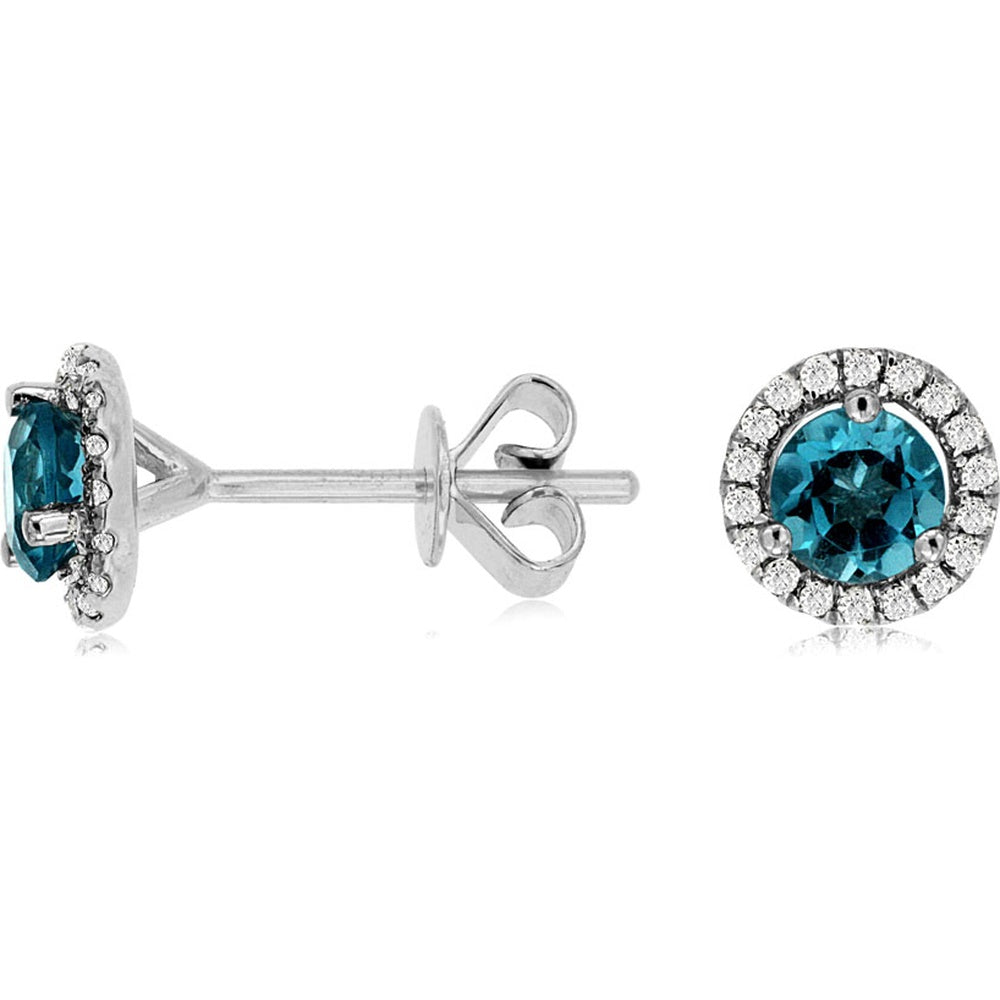 14K White Gold Halo Stud Earrings with Round Blue Topaz and Diamond Accents - 0.85 Carat Total Blue Topaz Weight and 0.14 Carat Total Diamond Weight - Royal Jewelry